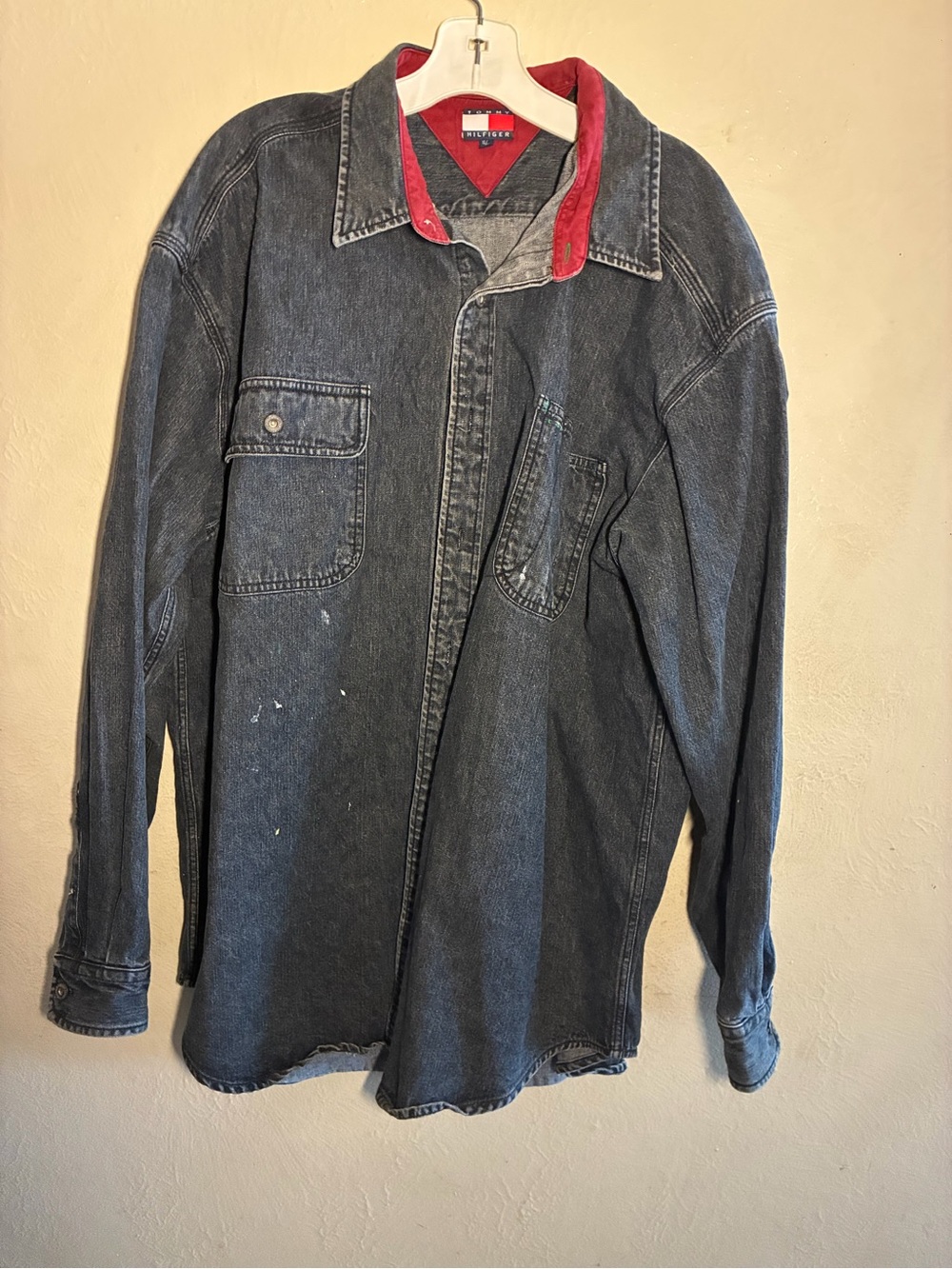 90s,Distressed Tommy Hilfiger Black Denim Button-Down Shirt/Red Contrast Collar